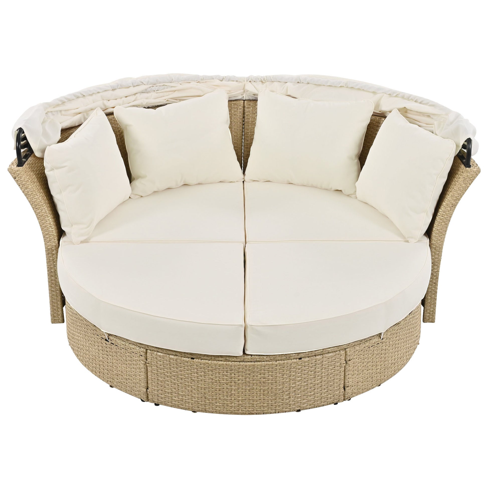 Outdoor Patio Daybed Wicker Rattan Double Daybed Round Sofa Furniture Set with Retractable Canopy, 4 Pillows for Lawn Garden Backyard Porch Pool, Beige House to Home Furnishings LLC