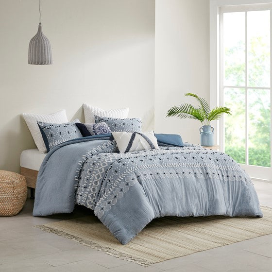 Organic Cotton Chambray 3 Piece Comforter Set Blue Cal King Olliix.com