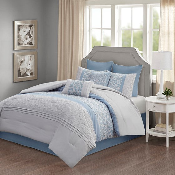 Embroidered 8 Piece Comforter Set Blue King Olliix.com