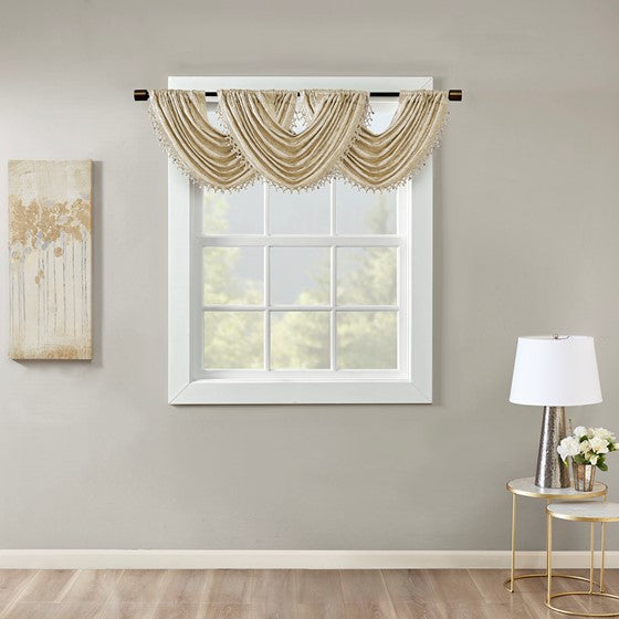 Marble Jacquard Rod Pocket Valance Embellished Trim Gold Olliix.com