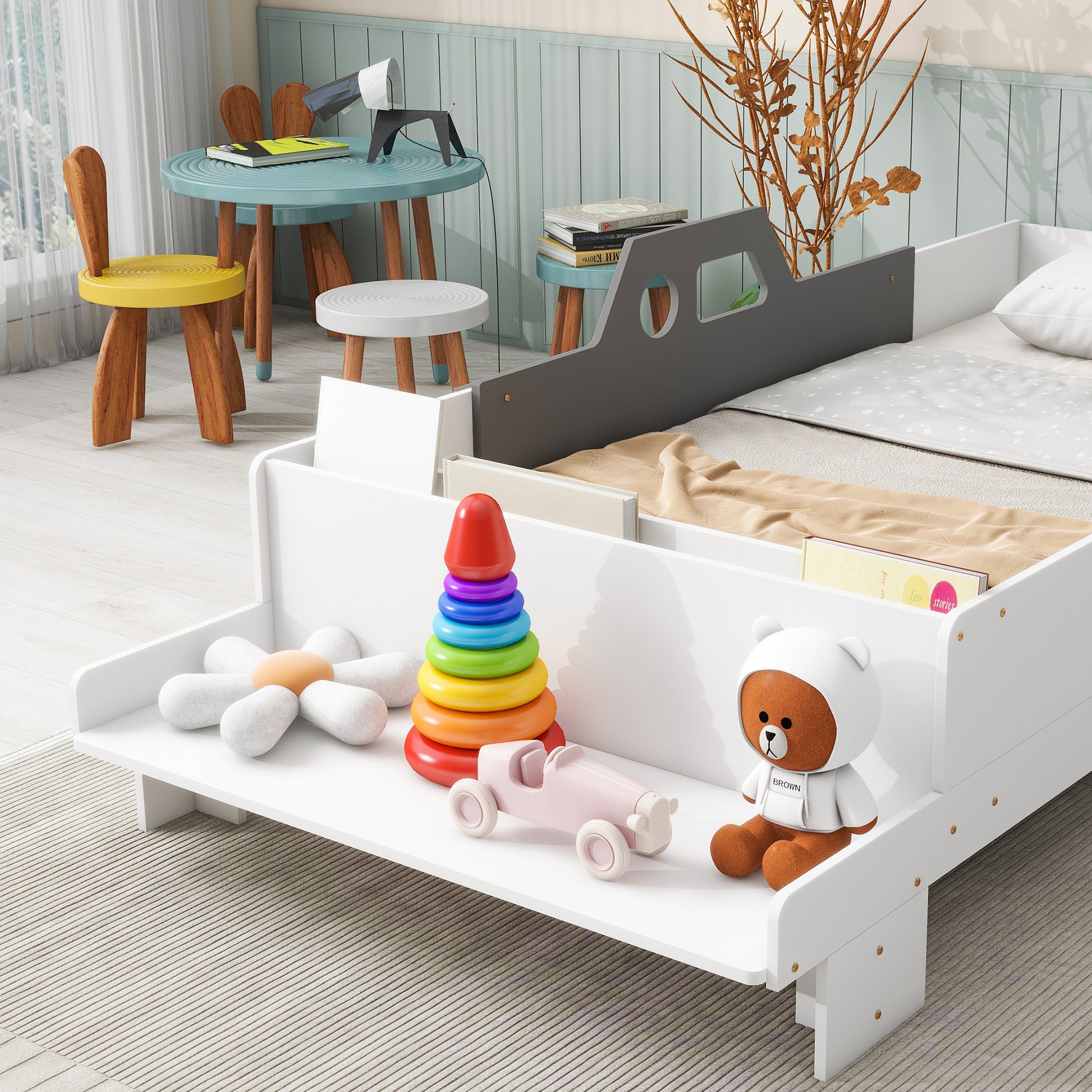 Car-Shaped Twin Wood Bed with Bench,White House to Home Furnishings LLC