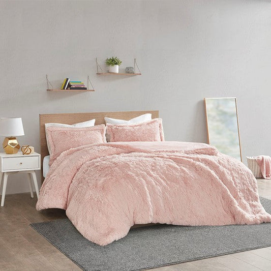 Shaggy Fur Duvet Cover Set Blush King Olliix.com