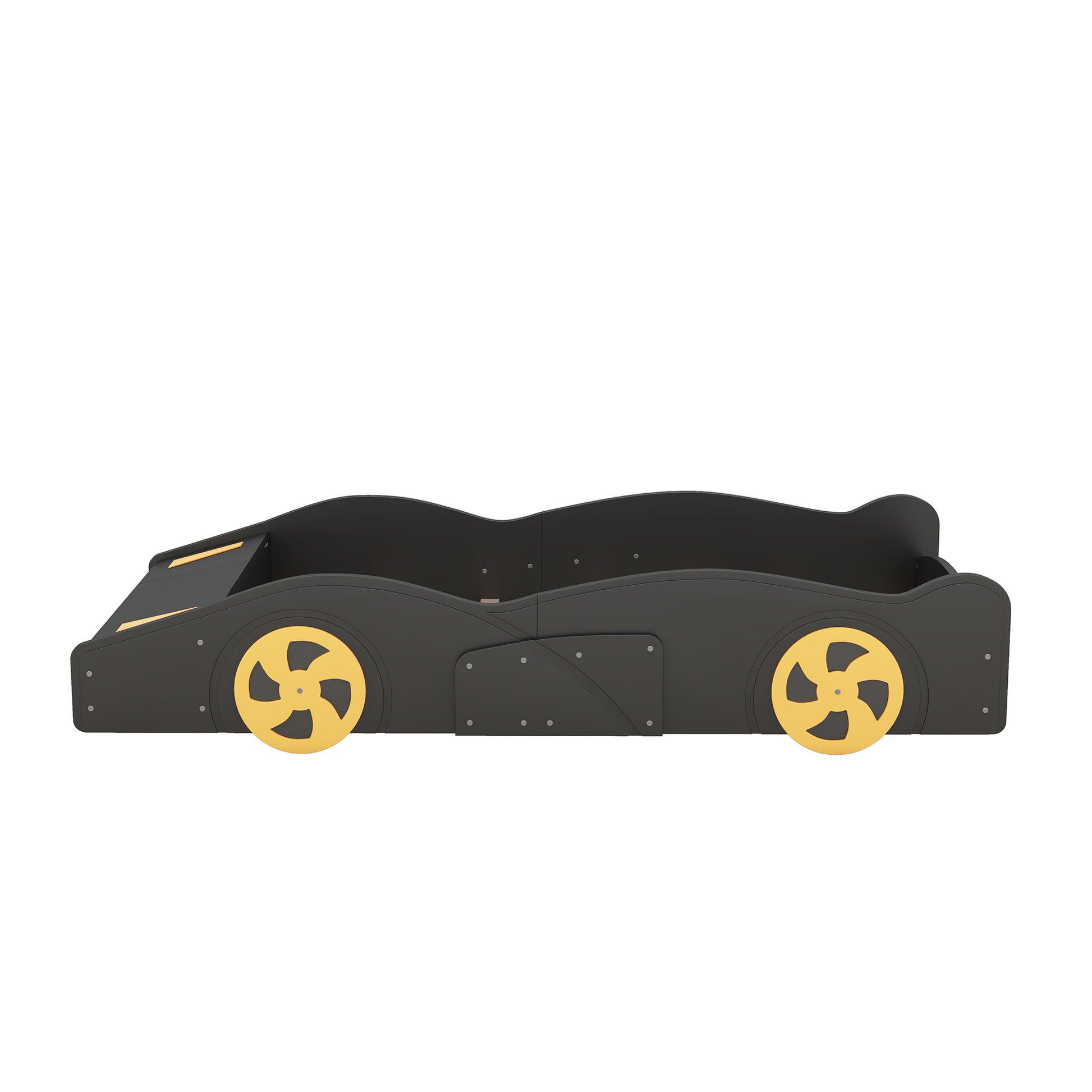 Twin Size Race Car-Shaped Platform Bed with Wheels and Storage, Black+Yellow House to Home Furnishings LLC