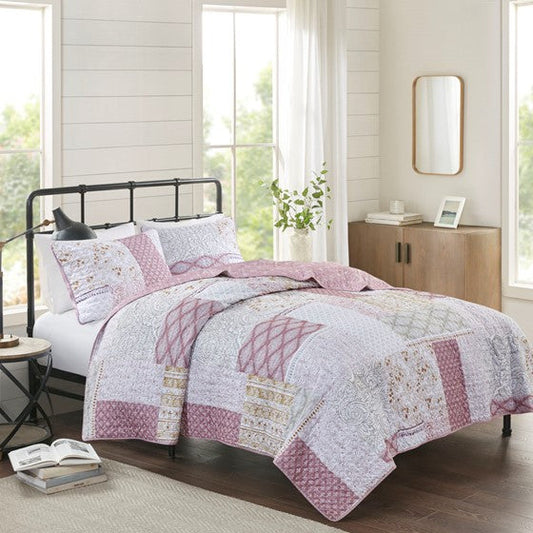 3 Piece Reversible Microfiber Quilt Set Mauve Full/Queen Olliix.com