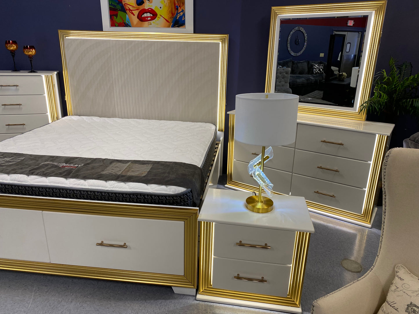 King Obsession 8pc White & Gold💡LED GLOW 💡Upholstered Platform Storage Bedroom Collection House to Home Furnishings LLC