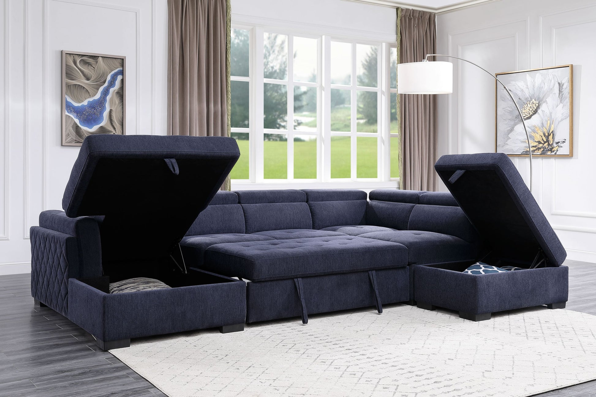 ACME Nekoda Storage Sleeper Sectional Sofa and Ottoman, Navy Blue Fabric 55520 ***(FREE SHIPPING)*** House to Home Furnishings LLC