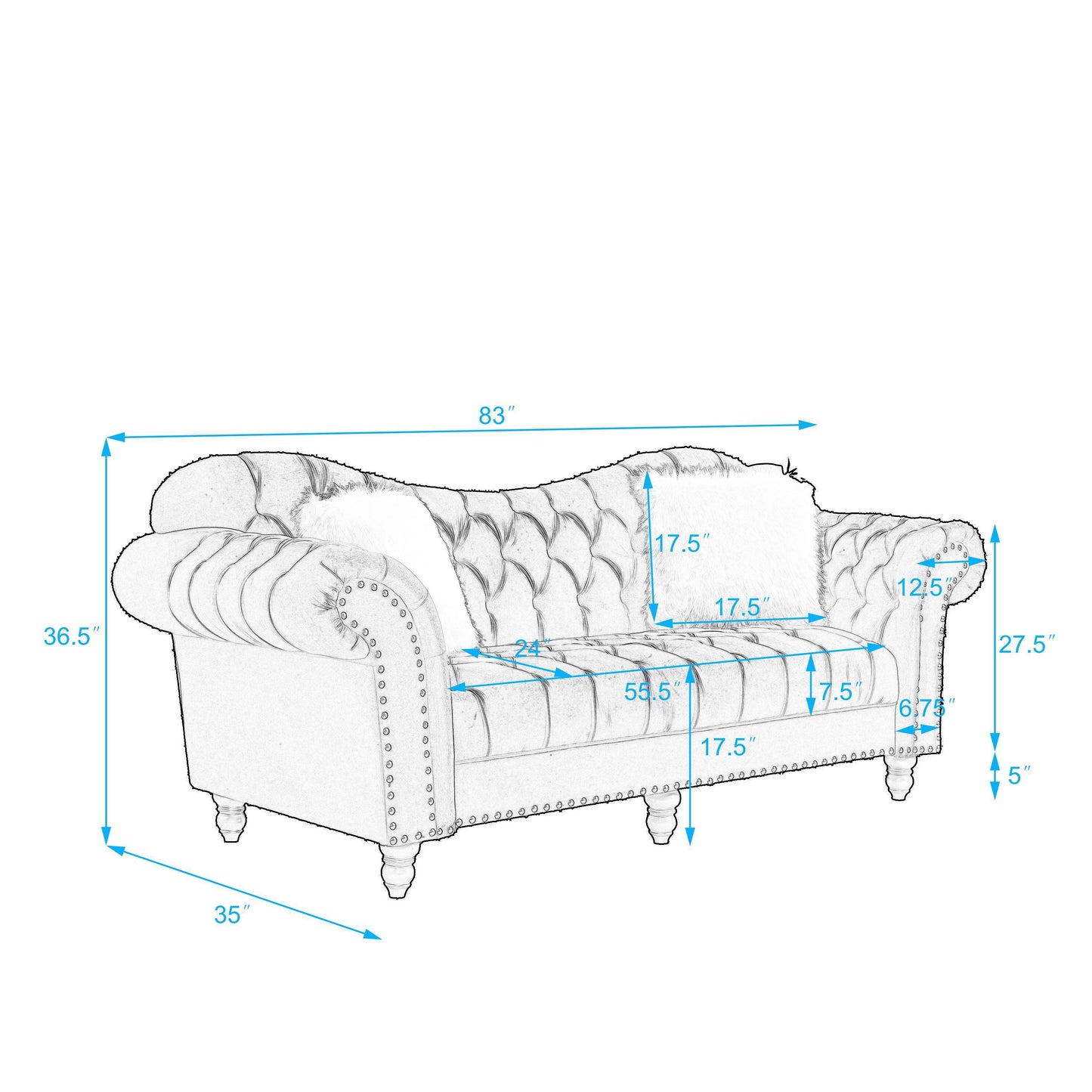 3 Piece Living Room Sofa Set, including 3-Seater Sofa, Loveseat and Sofa Chair, with Button and Copper Nail on Arms and Back, Five White Villose Pillow, Blue. House to Home Furnishings LLC