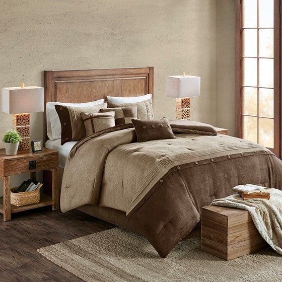 7 Piece Faux Suede Comforter Set Brown King Olliix.com