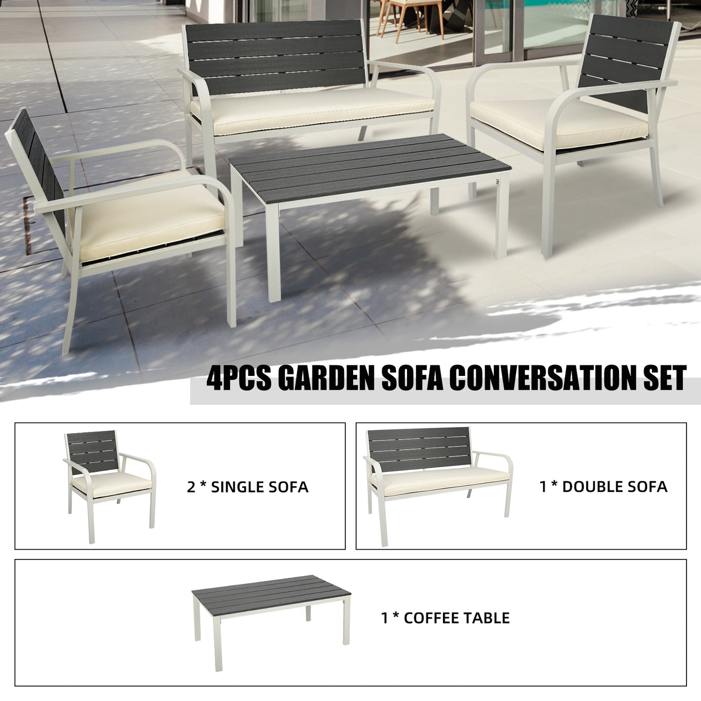 4 Pieces Patio Garden Sofa Conversation Set Wood Grain Design PE Steel Frame Loveseat All Weather Outdoor Furniture Set with Cushions Coffee Table for Backyard Balcony Lawn White House to Home Furnishings LLC