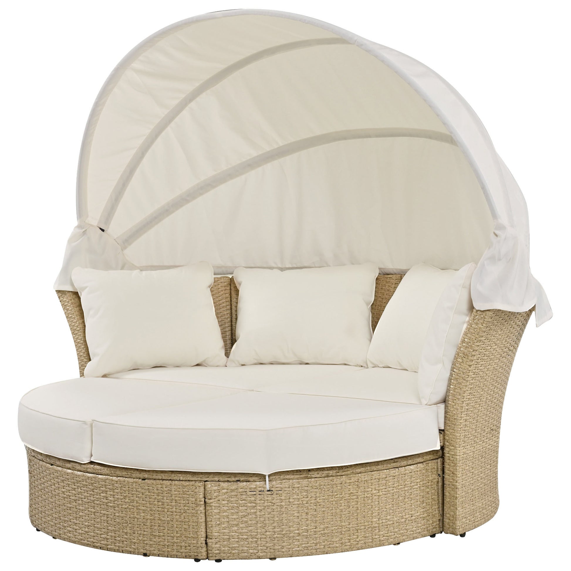 Outdoor Patio Daybed Wicker Rattan Double Daybed Round Sofa Furniture Set with Retractable Canopy, 4 Pillows for Lawn Garden Backyard Porch Pool, Beige House to Home Furnishings LLC