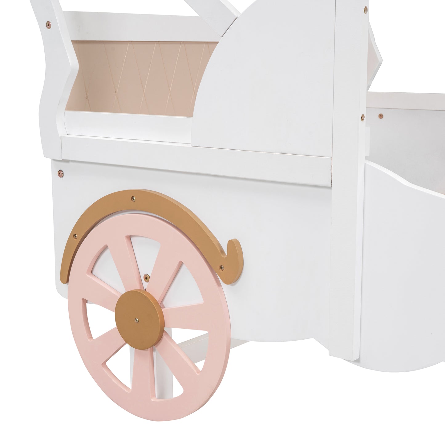 Twin Size Princess Carriage Bed with Canopy, Wood Platform Car Bed with 3D Carving Pattern, White+Pink+Gold House to Home Furnishings LLC