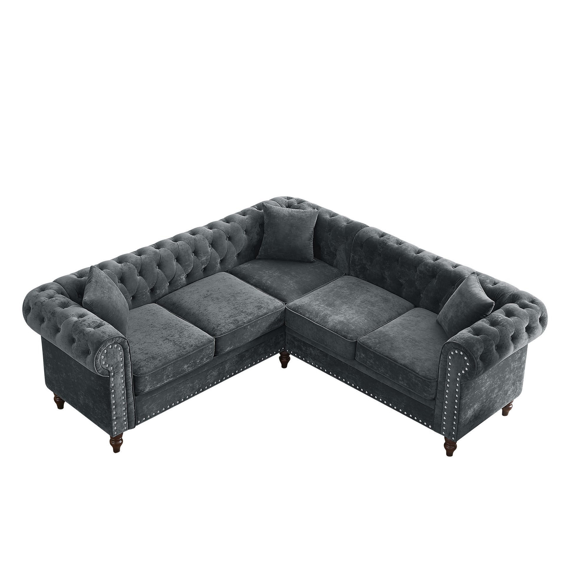 MH 80" Deep Button Tufted Upholstered Roll Arm Luxury Classic Chesterfield L-shaped Sofa 3 Pillows Included, Solid Wood Gourd Legs, Grey velvet ***(FREE SHIPPING)*** House to Home Furnishings LLC