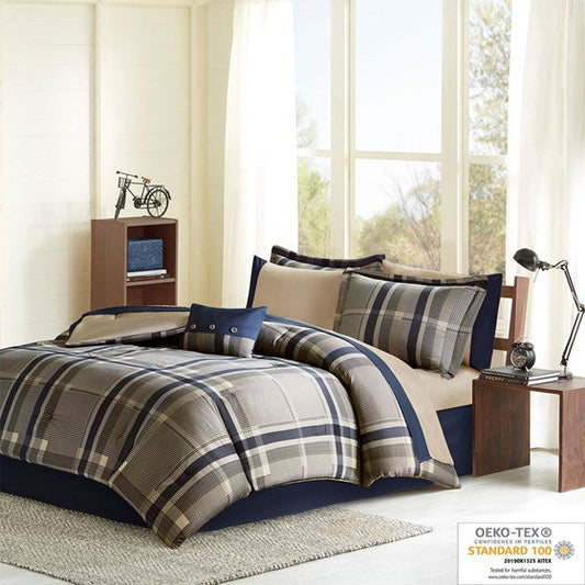 Plaid Comforter Set with Bed Sheets Navy Multi Olliix.com