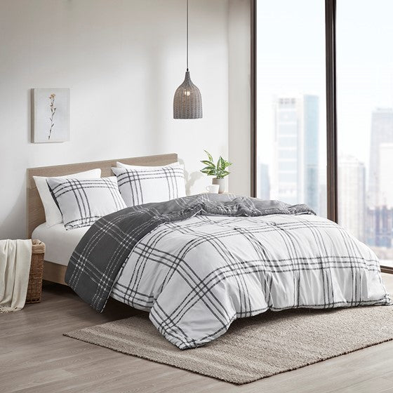 Plaid Reversible Duvet Cover Set White/Gray Twin XL Olliix.com