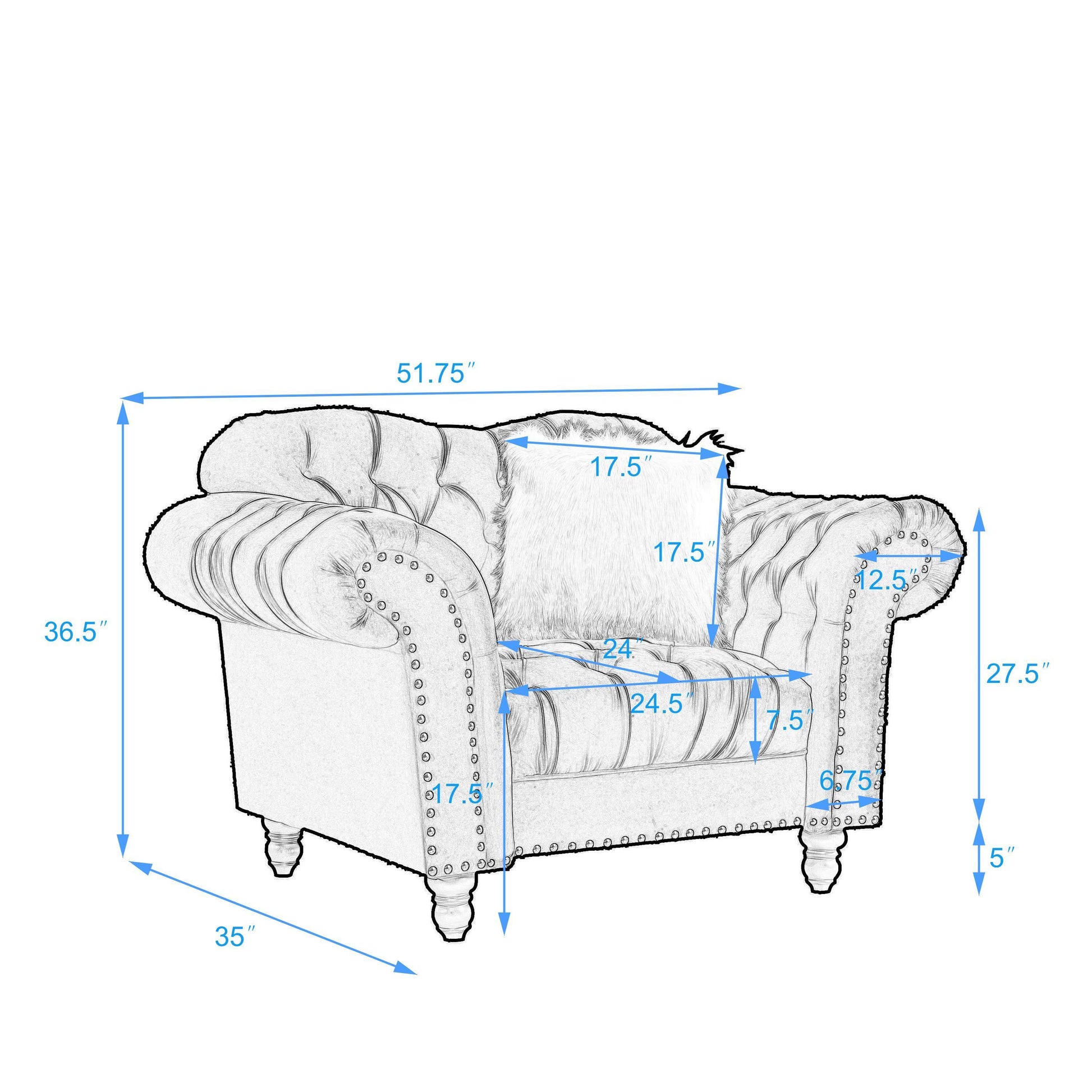 3 Piece Living Room Sofa Set, including 3-Seater Sofa, Loveseat and Sofa Chair, with Button and Copper Nail on Arms and Back, Five White Villose Pillow, Blue. House to Home Furnishings LLC