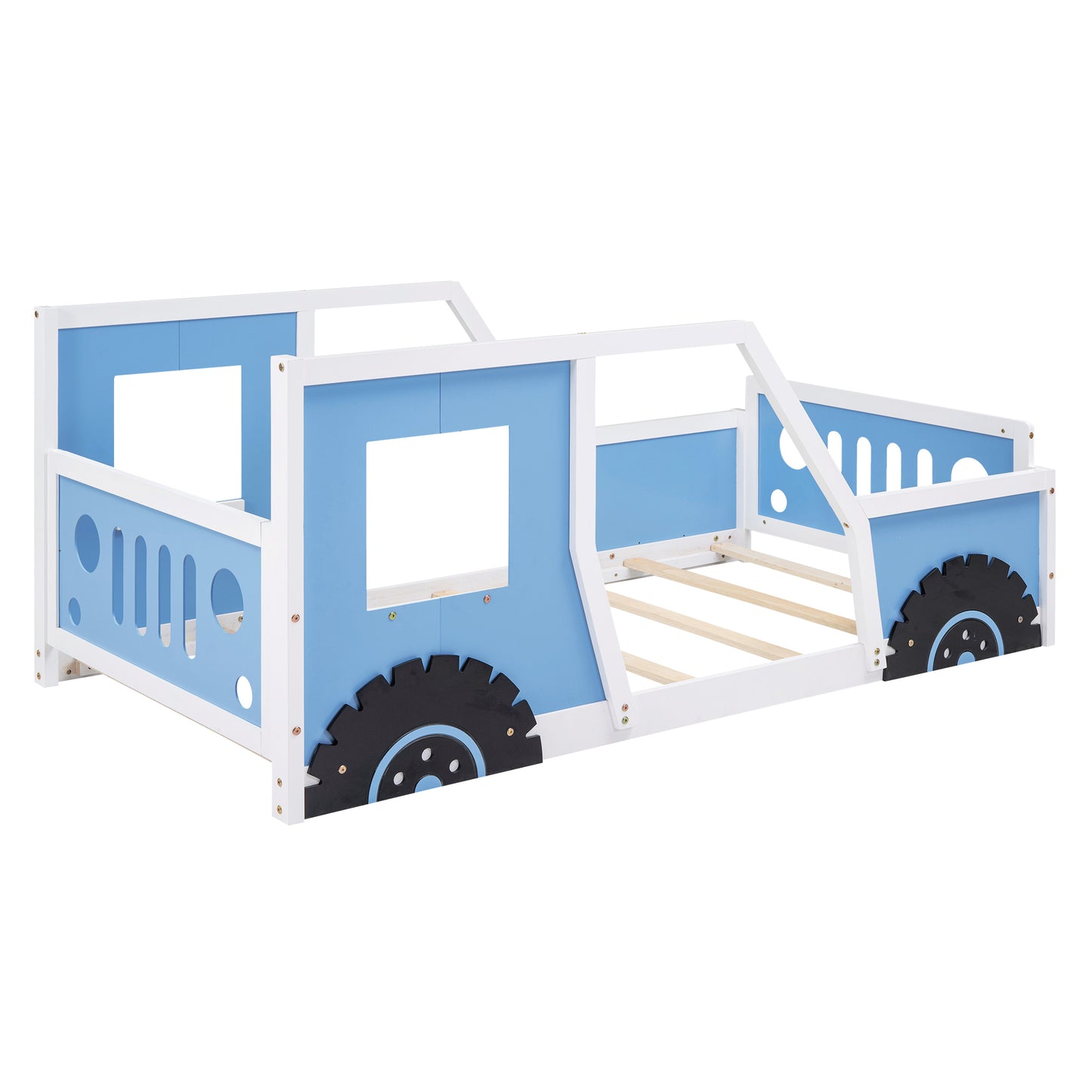 Twin Size Classic Car-Shaped Platform Bed with Wheels,Blue House to Home Furnishings LLC