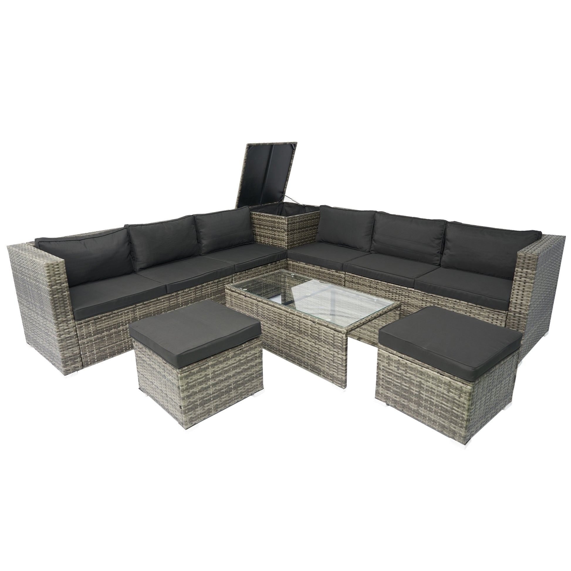 8 Piece Patio Outdoor Sectional Wicker Rattan Outdoor Furniture Sofa Set with One Storage Box Under Seat and Cushion Box Grey wicker + Black Cushion + Clear Glass Top House to Home Furnishings LLC