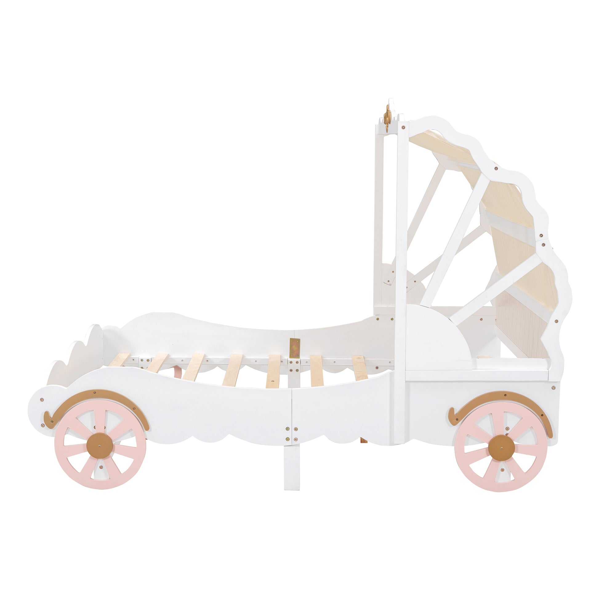 Full Size Princess Carriage Bed with Canopy, Wood Platform Car Bed with 3D Carving Pattern, White+Pink+Gold House to Home Furnishings LLC