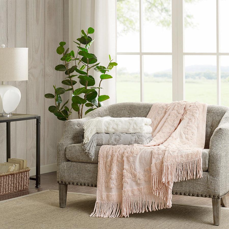 1 Bohemian Cotton Tufted Chenille Lightweight Throw With Fringe Tassel 50"W x 60"L Blush Olliix.com