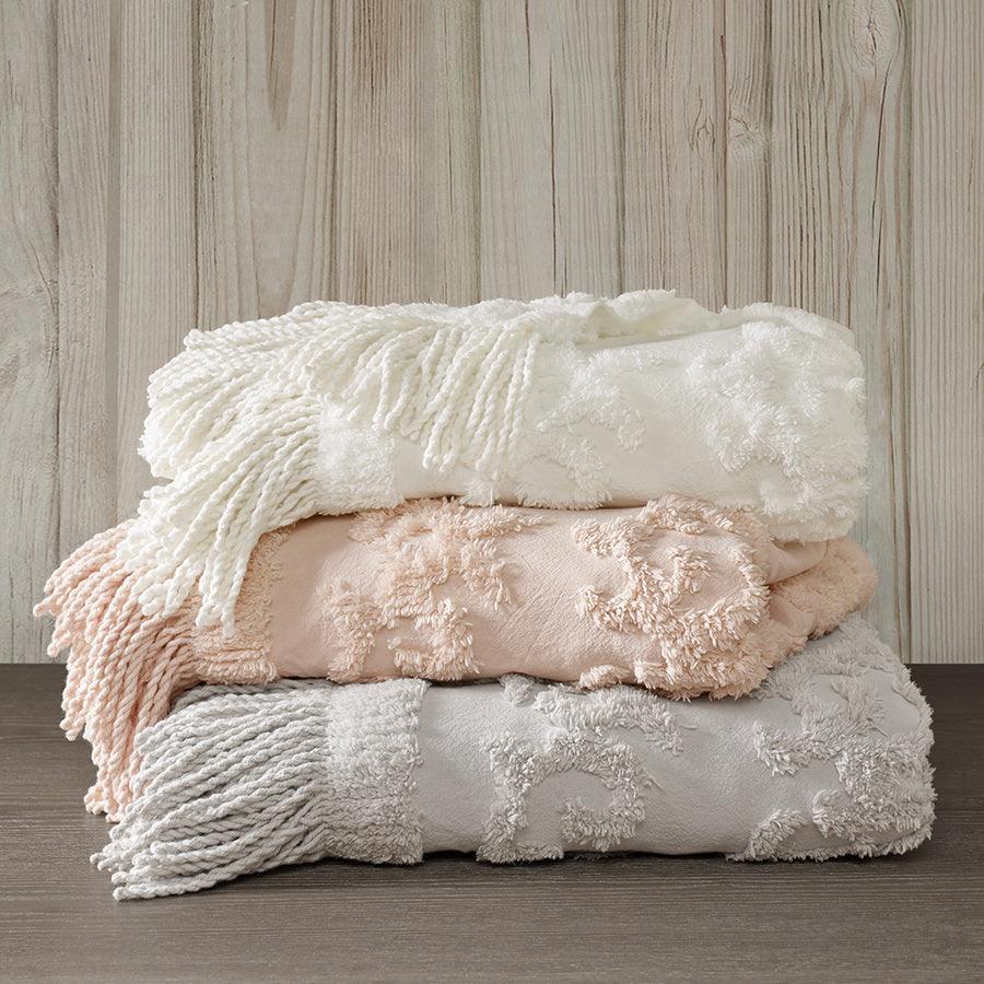 1 Bohemian Cotton Tufted Chenille Lightweight Throw With Fringe Tassel 50"W x 60"L Blush Olliix.com