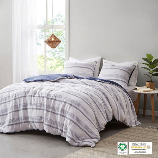 5 Piece Striped Organic Cotton Yarn Dyed Comforter Cover Set w/removable insert Indigo/White Full/Queen Olliix.com