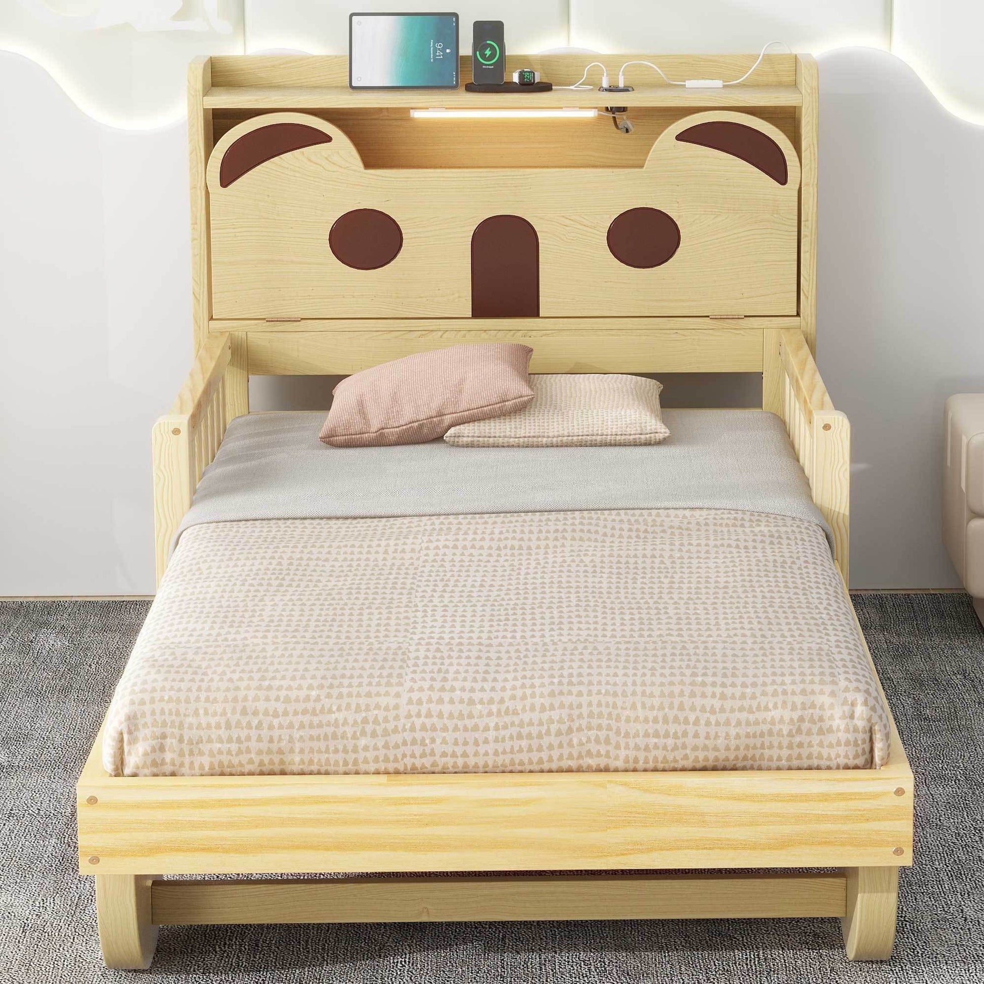 Twin Size Car Bed with Bear-Shaped Headboard, USB and LED, Natural House to Home Furnishings LLC