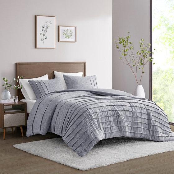 3 Piece Striated Cationic Dyed Oversized Duvet Cover Set with Pleats Blue Full/Queen Olliix.com