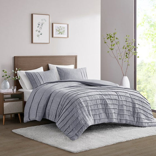 3 Piece Striated Cationic Dyed Oversized Duvet Cover Set with Pleats Blue Cal King Olliix.com