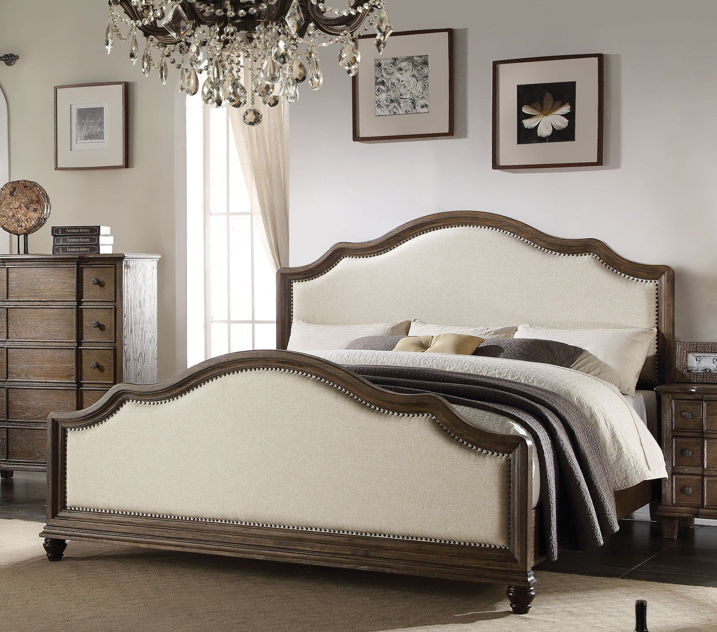 Acme Baudouin Upholstered Queen Bed in Weathered Oak 26110Q ACME East