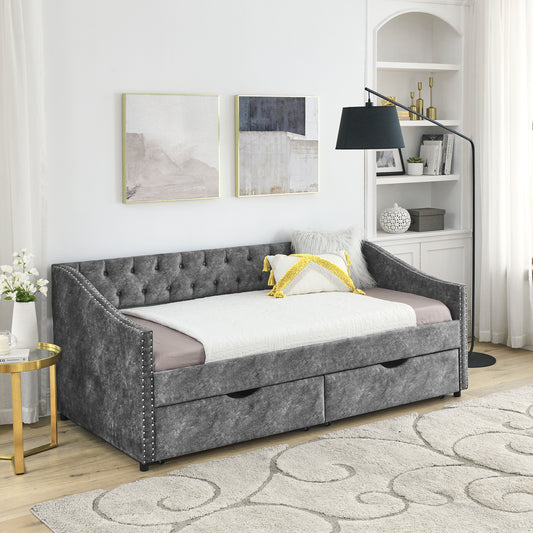 Twin Size Daybed with Drawers Upholstered Tufted Sofa Bed, with Button on Back and Copper Nail on Waved Shape Arms, Grey  (81.5''x4''x30.5'') House to Home Furnishings LLC