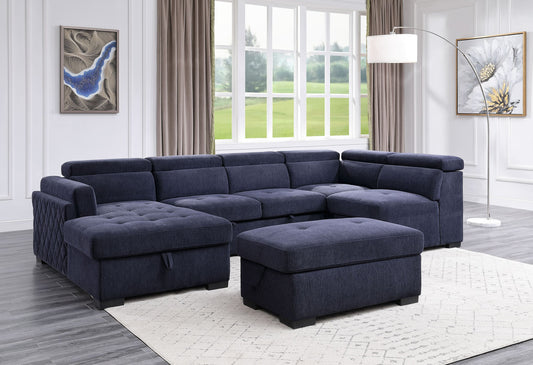 ACME Nekoda Storage Sleeper Sectional Sofa and Ottoman, Navy Blue Fabric 55520 ***(FREE SHIPPING)*** House to Home Furnishings LLC