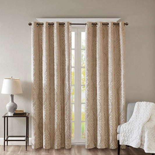 Knitted Jacquard Damask Total Blackout Grommet Top Curtain Panel Pair Champagne Olliix.com