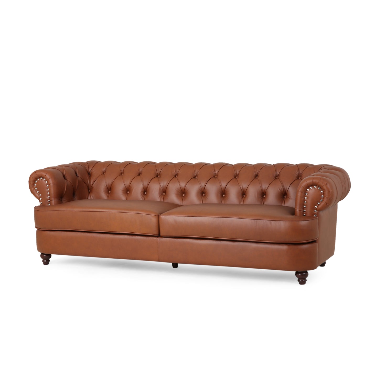 Estella Cognac Nail Head Chesterfield Leather 3 Seater Sofa House to Home Furnishings LLC