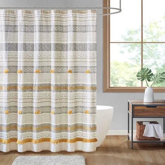 Cotton Stripe Printed Shower Curtain with Tassel Gray/Yellow Olliix.com
