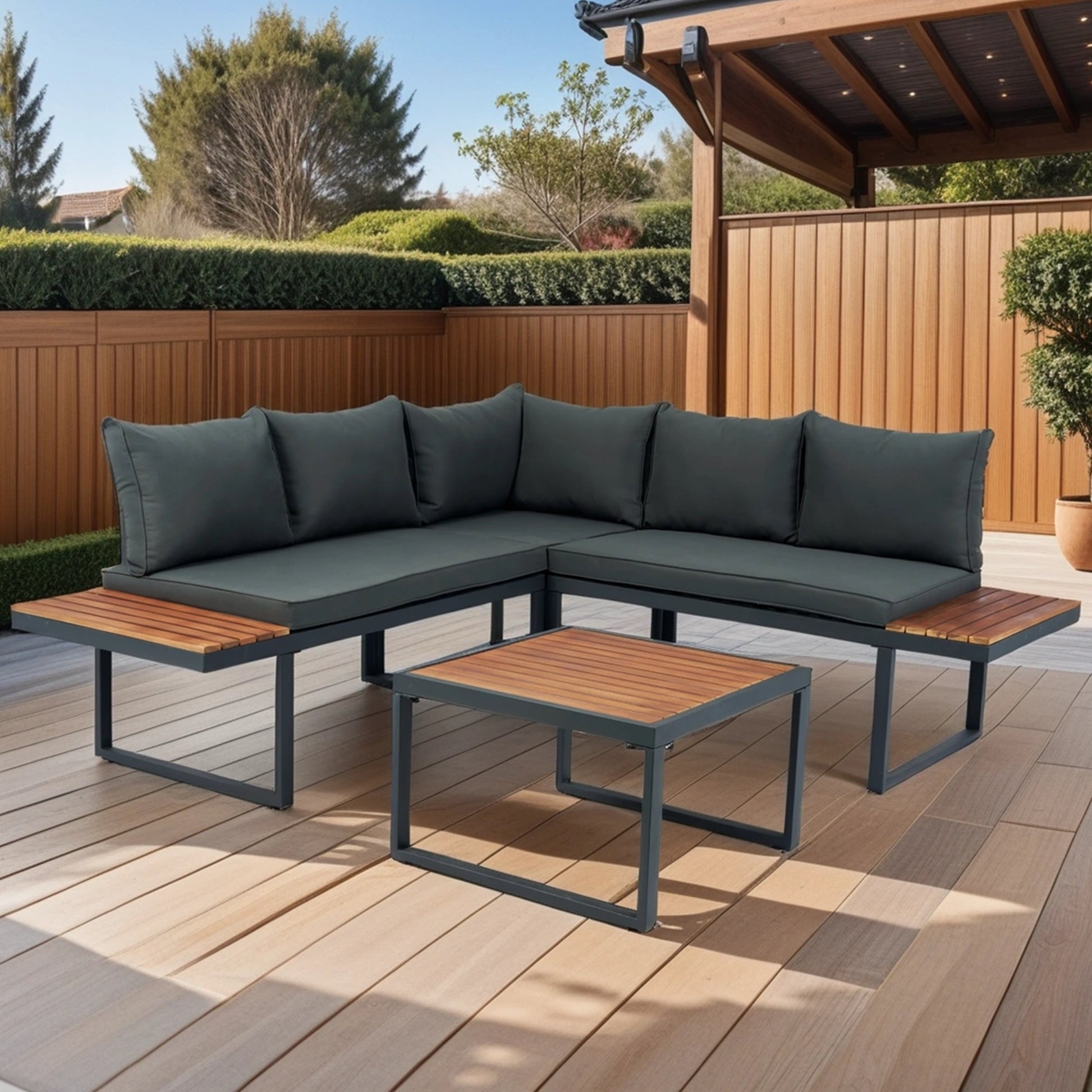 4 Piece L-Shaped Patio Wicker Outdoor 5-Seater Sectional Sofa Seating Group Conversation Sets with Side Table & Dark Grey Cushions House to Home Furnishings LLC