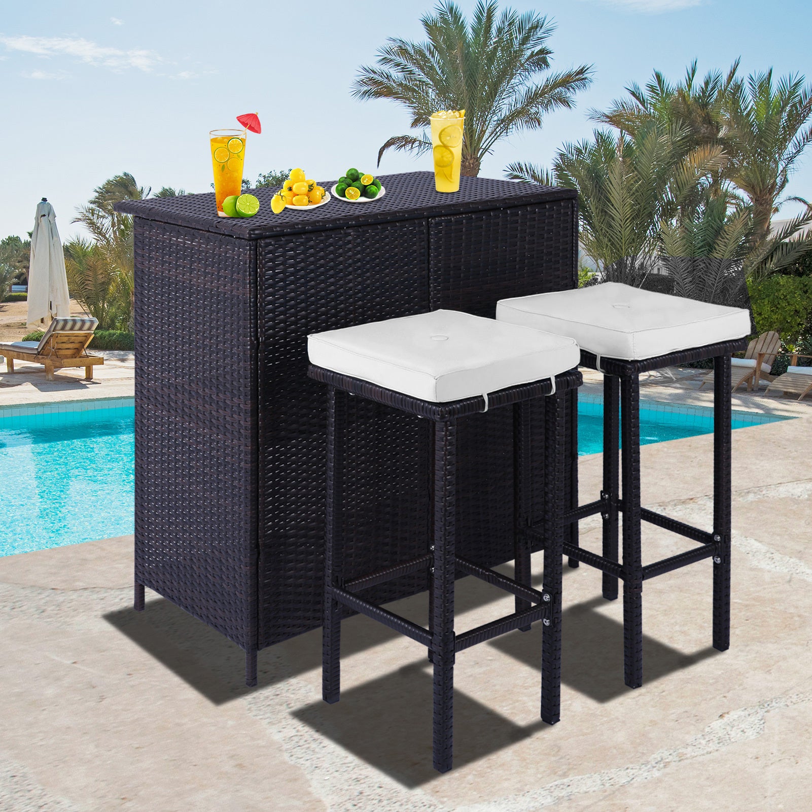 3-Piece Patio Outdoor Conversation Bar Set of 1Table and 2Stools,All Weather PE Rattan and Steel Frame Furniture with Removable Cushions for Outside Backyards,Porches,Gardens or Poolside(Brown+Beige) House to Home Furnishings LLC