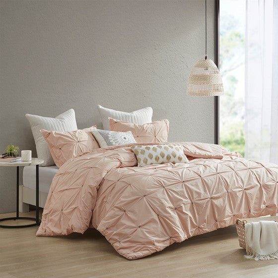 3 Piece Elastic Embroidered Cotton Comforter Set Blush Cal King Olliix.com