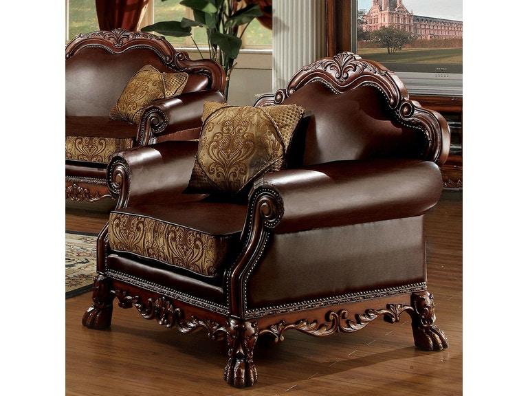 Dresden Brown PU & Chenille, Cherry Oak Chair & 1 Pillow ACME East