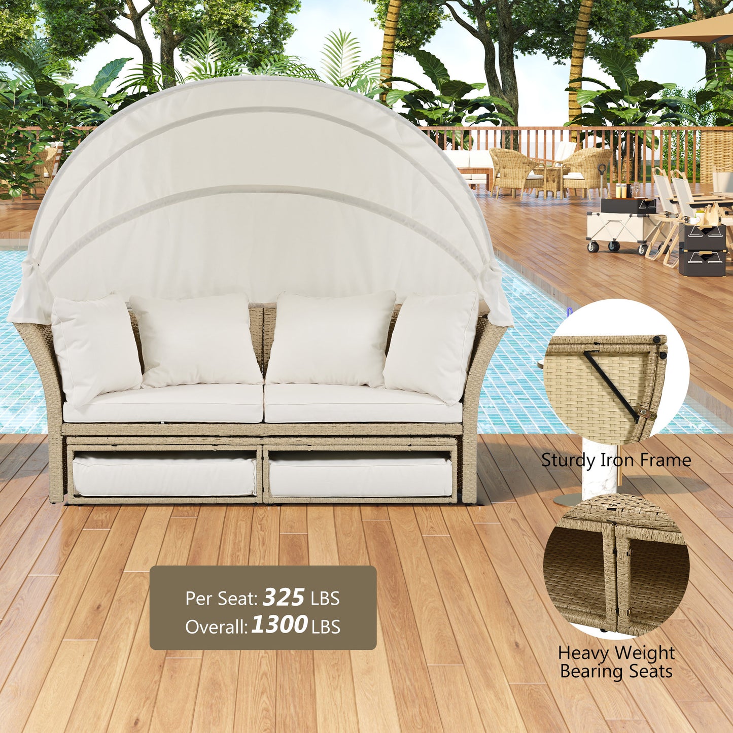 Outdoor Patio Daybed Wicker Rattan Double Daybed Round Sofa Furniture Set with Retractable Canopy, 4 Pillows for Lawn Garden Backyard Porch Pool, Beige House to Home Furnishings LLC