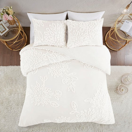 3 Piece Tufted Cotton Chenille Floral Duvet Cover Set Off-White Full/Queen Olliix.com