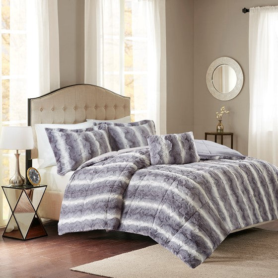 4PC Faux Fur Comforter Set Grey King Olliix.com