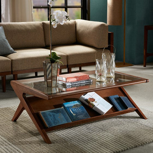 Coffee Table with Tempered Glass Pecan Olliix.com