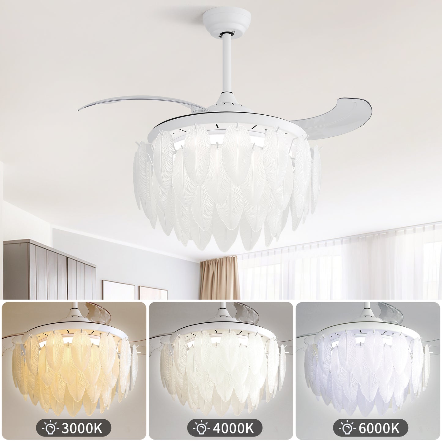 42 Inch” Modern Premium Unique Design Feather Crystal Glam Ceiling Fan With Light House to Home Furnishings LLC