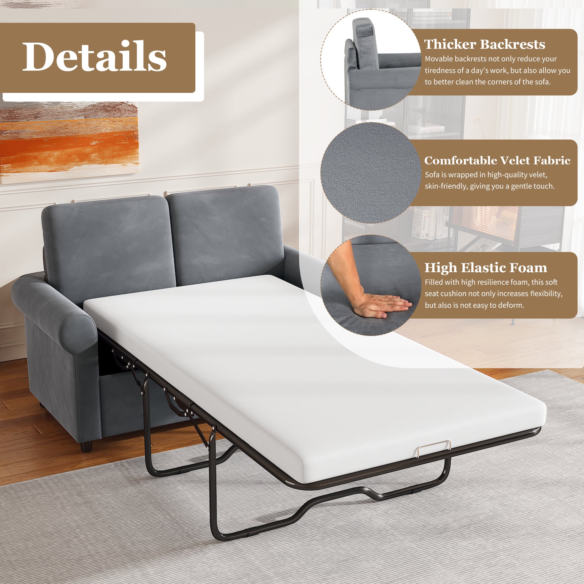 57.4" Pull Out Sofa Bed,Sleeper Sofa Bed with Premium Twin Size Mattress Pad,2-in-1 Pull Out Couch Bed with Two USB Ports for Living Room,Small Apartment, Gray (Old SKU:WF296899) House to Home Furnishings LLC