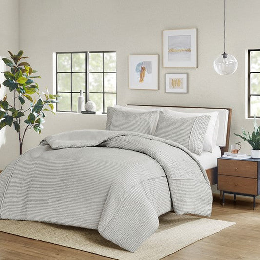 3 Piece Striped Seersucker Oversized Duvet Cover Set Gray Full/Queen Olliix.com