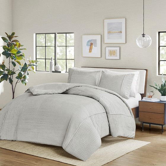 3 Piece Striped Seersucker Oversized Duvet Cover Set Gray Cal King Olliix.com