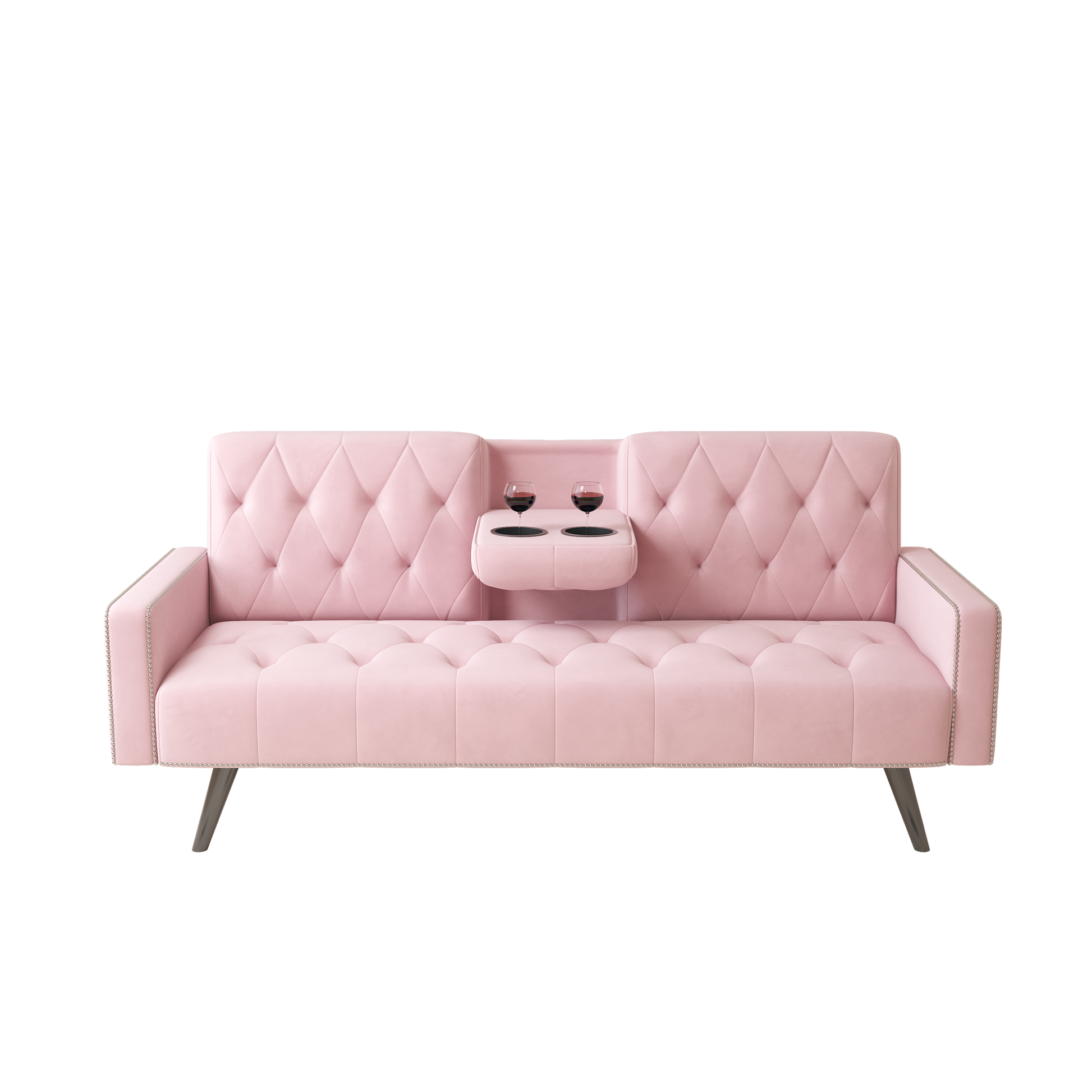 1730 Sofa Bed Armrest with Nail Head Trim with Two Cup Holders 72" Premium Pink Velvet  Sofa for Small Spaces House to Home Furnishings LLC