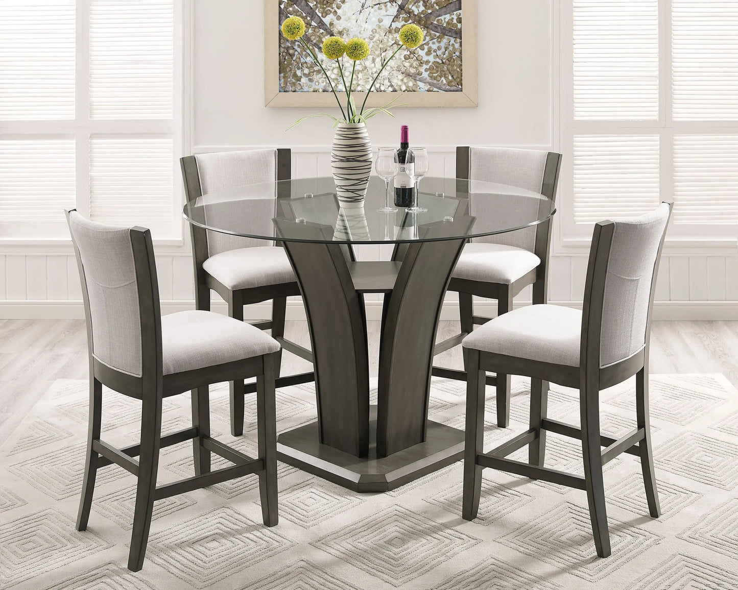 Camelia Gray Round Glass-Top Counter Height Dining Set Crown Mark