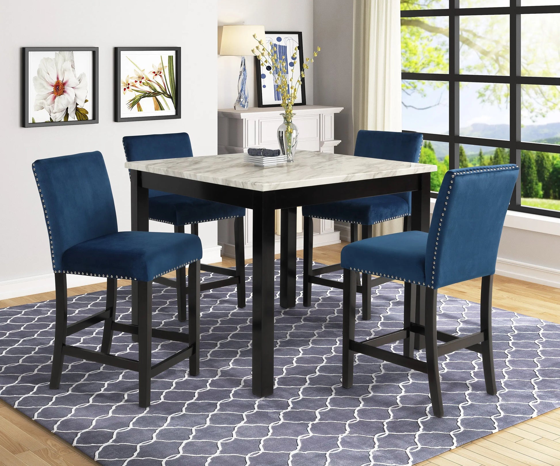 Lennon Blue/White Velvet 5-Piece Counter Height Dining Set Crown Mark