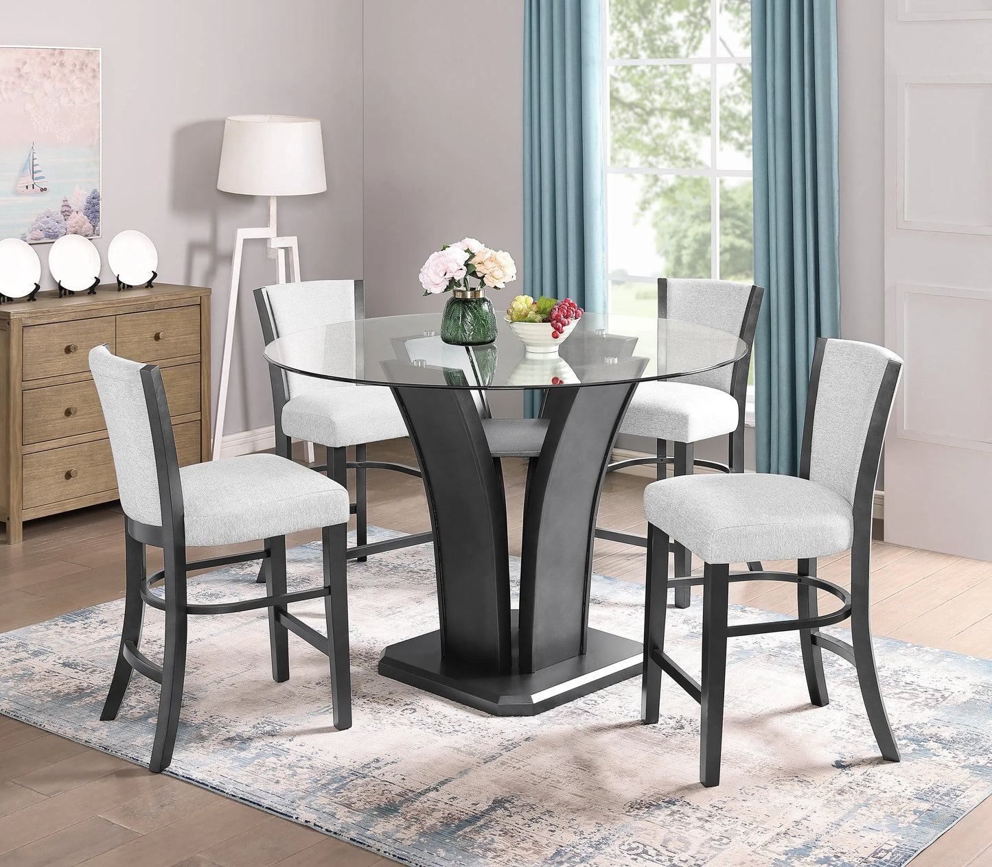 Camelia Dove Gray Round Counter Height Dining Set Crown Mark